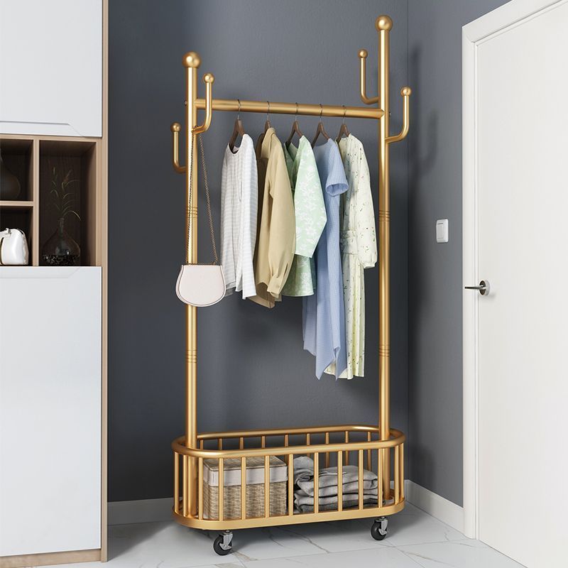 Golden Clothes Rack with Storage Basket and Wheels