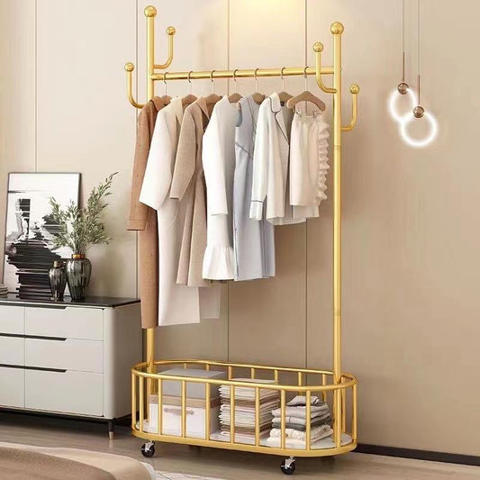 Golden Clothes Rack with Storage Basket and Wheels