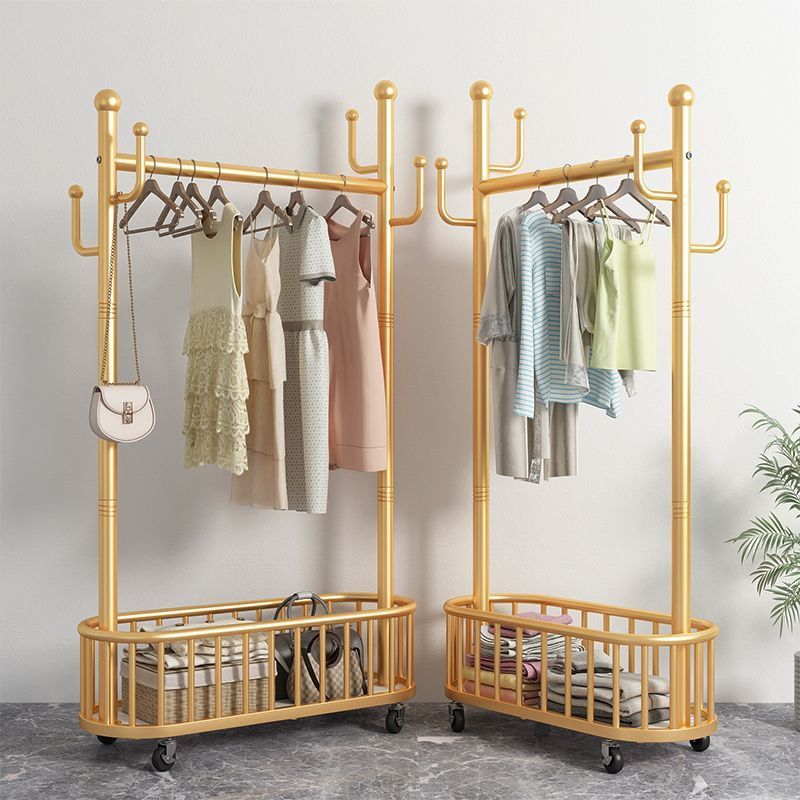 Golden Clothes Rack with Storage Basket and Wheels